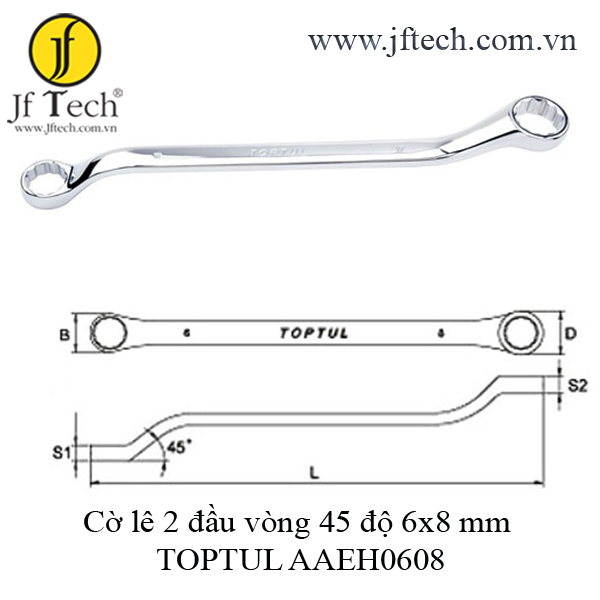 Cờ lê 2 đầu vòng 45 độ 6x8 mm TOPTUL AAEH0608